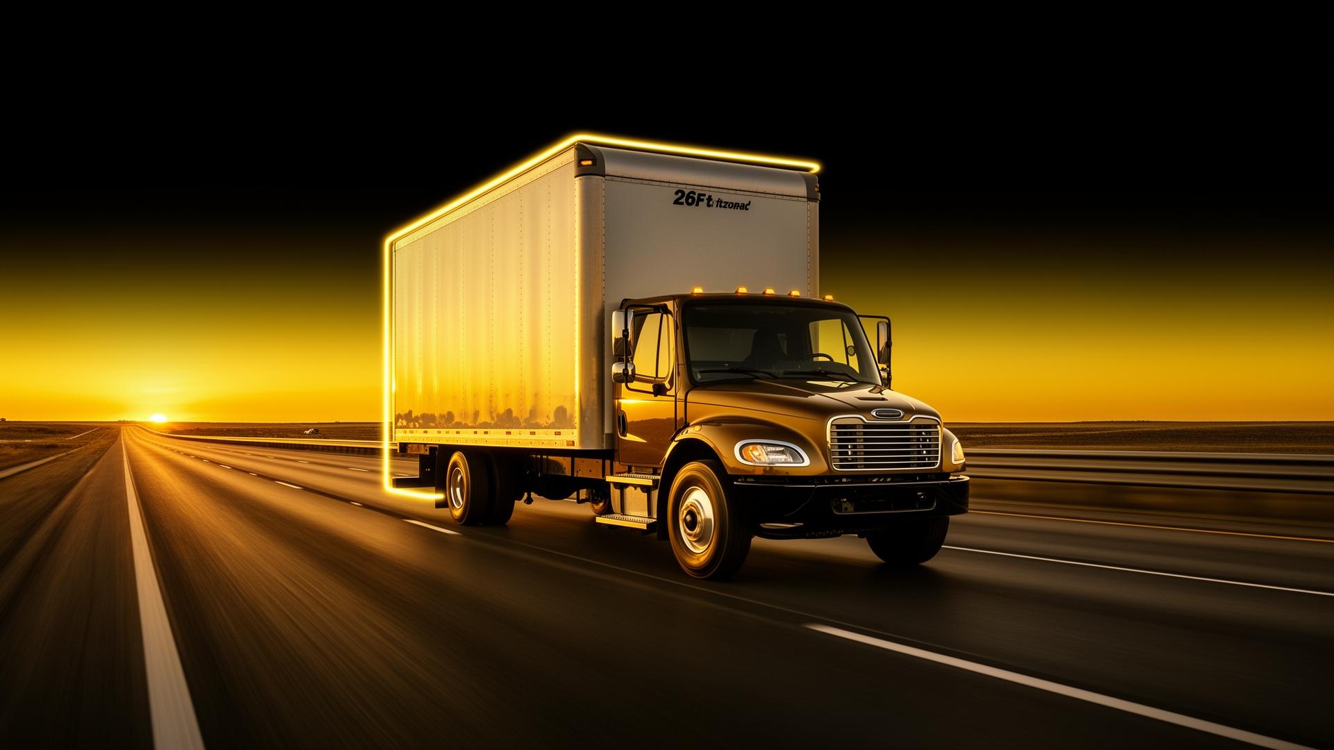 26ft box truck on highway at sunset